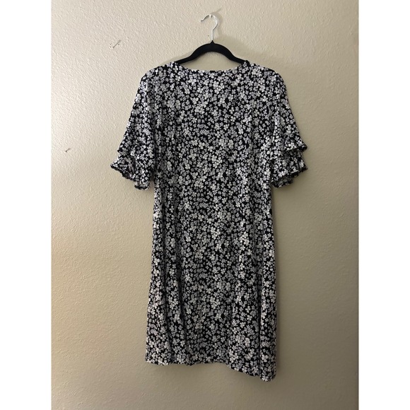 Nina Leonard Black Floral Ruffle Sleeve Dress Womens Size L (A616) - Picture 2 of 3